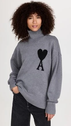 Top 10 ⌛ AMI Adc Funnel Neck Sweater Grey/Black 😉