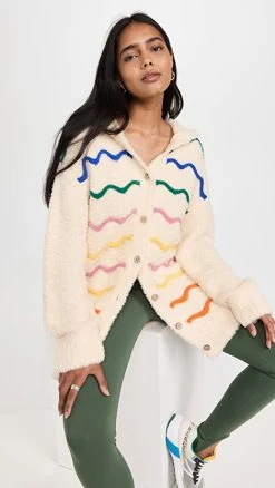 Promo 🛒 Mira Mikati Striped Fluffy Knit Wool Blend Hooded Sweater Ecru/Multi ✨