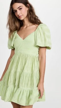 Budget 🔥 Jonathan Simkhai Cadence Plisse Puff Sleeve Mini 👗 Dress Pear ⭐