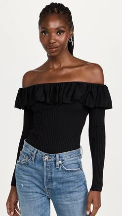 Promo 🌟 Jonathan Simkhai Isabelle Ruched Knitwear Off Shoulder Top Black 🛒