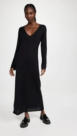 Promo 🔥 Le Kasha Arizona V Neck Long Cashmere 👗 Dress Black 👍