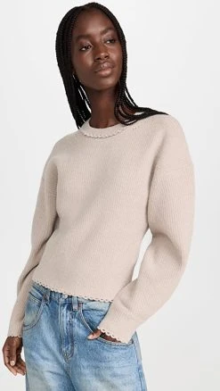 Top 10 👏 3.1 Phillip Lim Crew Neck Scallop Trim Pullover Taupe 🎁