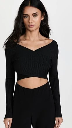 Buy ⭐ LAPOINTE Shiny Cross Over Cropped Top Black 🔥