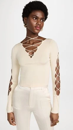 Cheapest ✨ LAPOINTE Shiny Viscose Longsleeve Lace Up Top Cream ⭐
