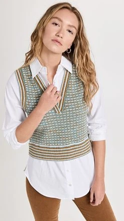 Best Pirce 😀 Veronica Beard Serwa Mixed Media Vest Blue Multi 🔥